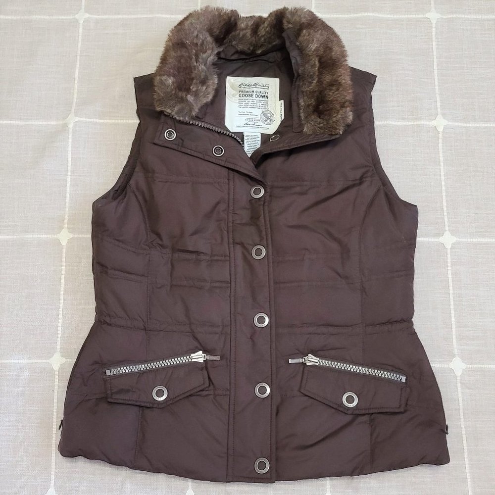 Eddie Bauer Vest size Small premium Goose Down Vest color brown faux fur removal - Picture 1 of 8